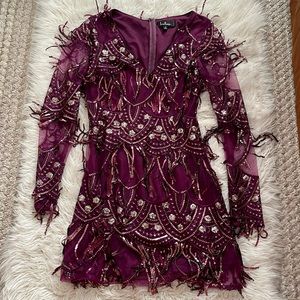 Lulu’s Magenta & Gold Sequin Fringe Long Sleeve Dress